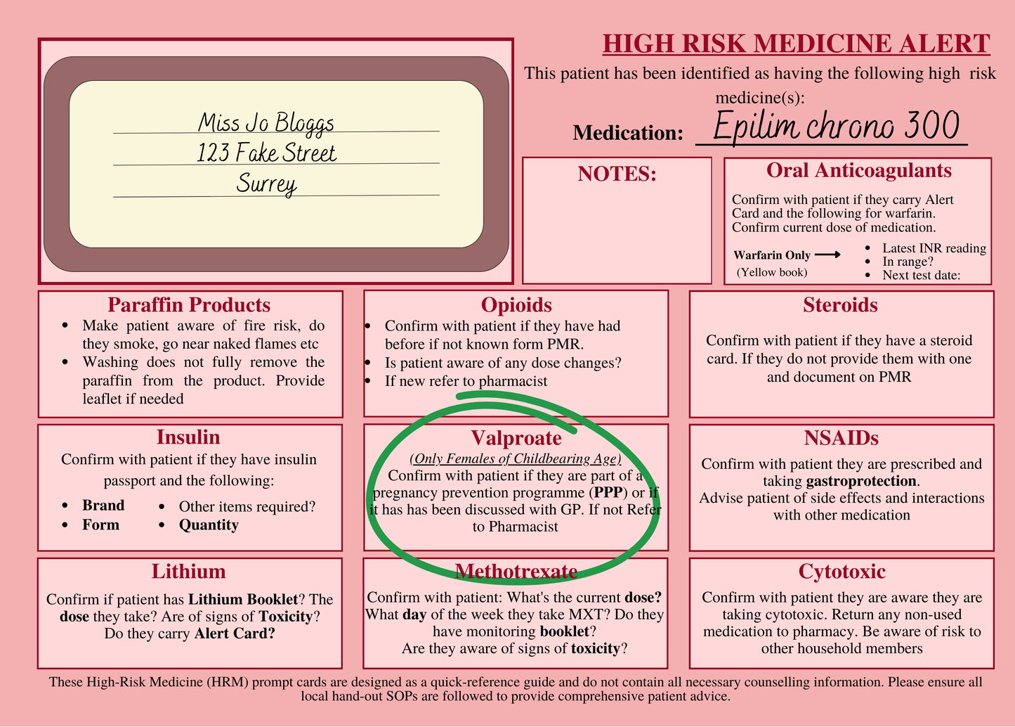 High Risk Medicine Alert Card x 250