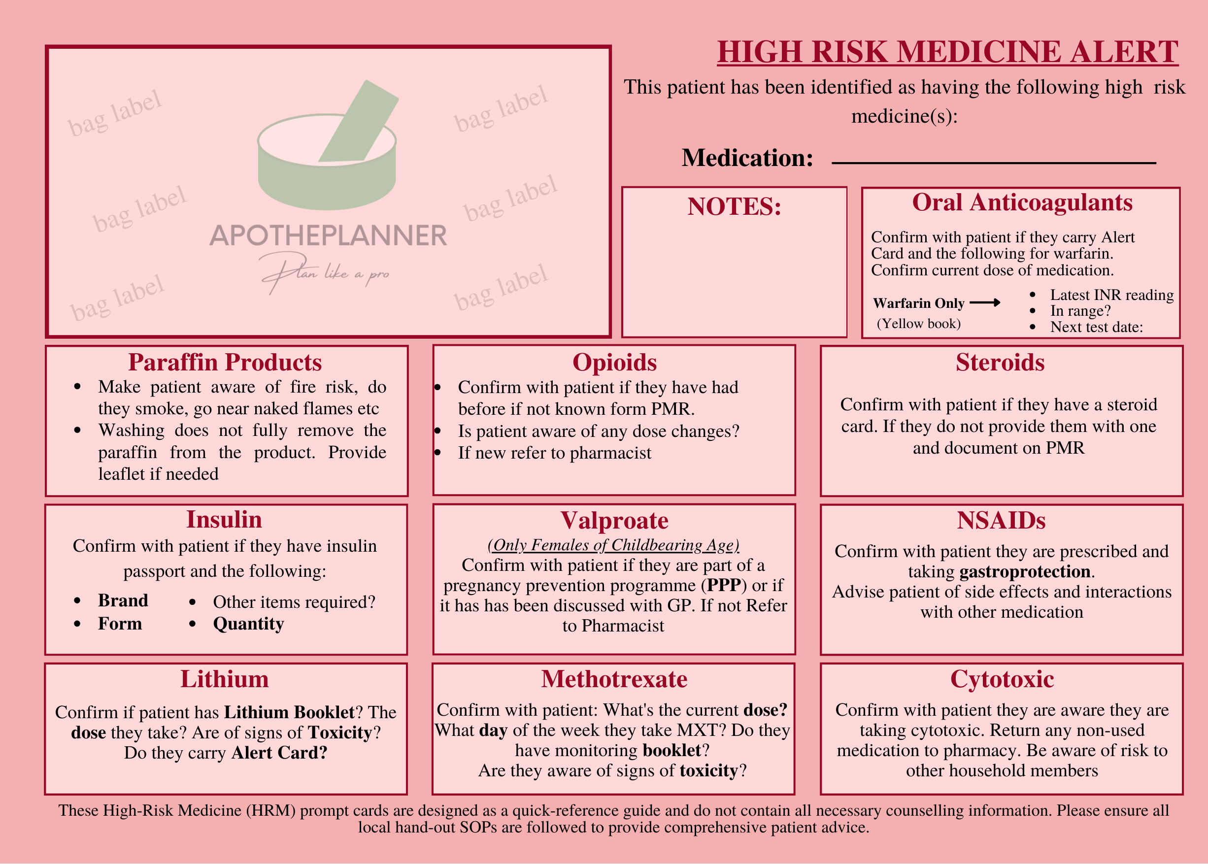 High Risk Medicine Alert Card x 250 – Apotheplanner